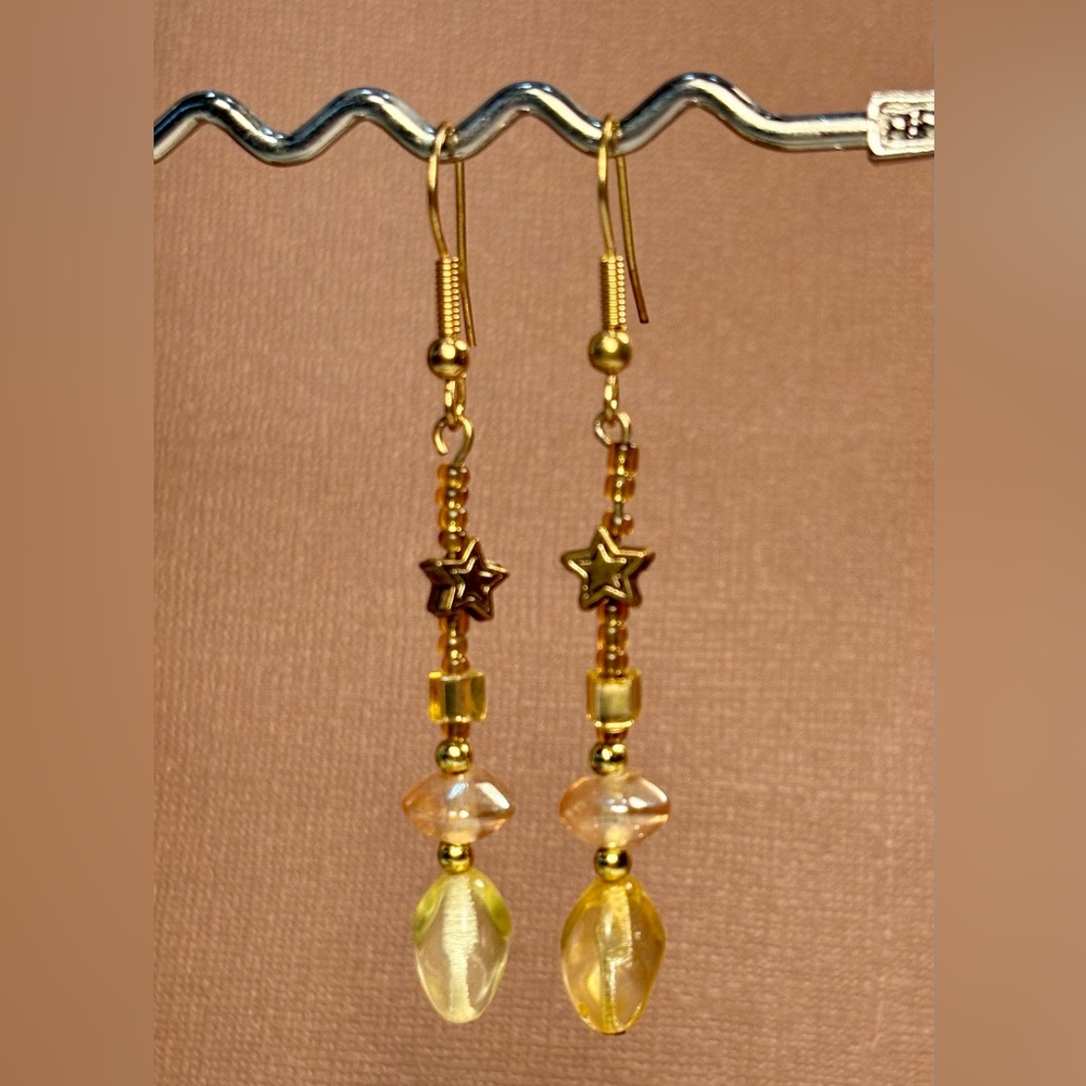 Earrings Pierced Handcrafted Unique Women Yellow Glass Beads Gold Tone Metal